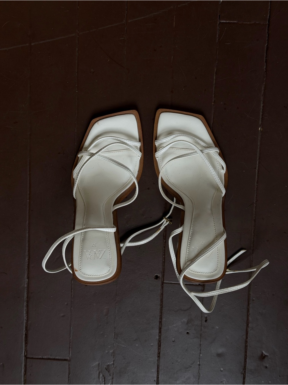 Zara White Strappy Square-Toe Heels with Ankle Wrap - Picture 2 of 3